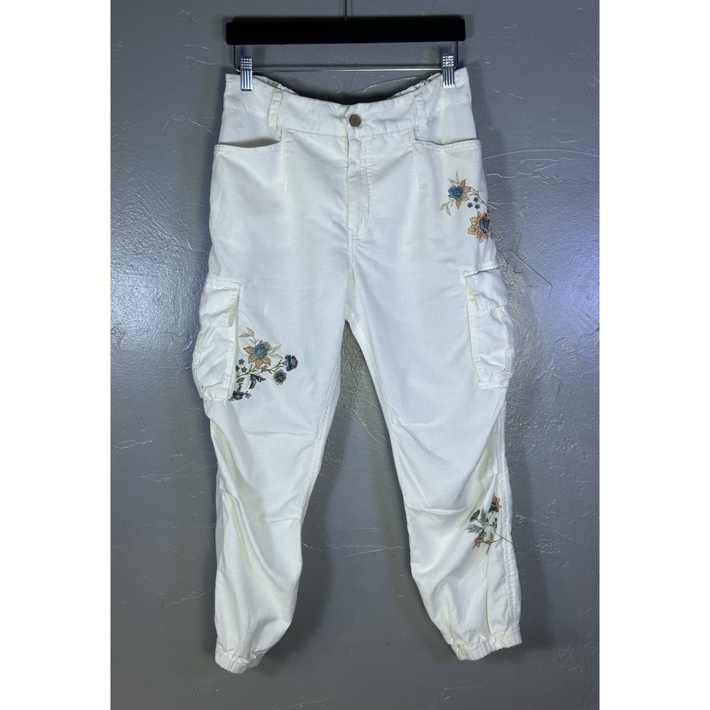 Cream Sundance floral embroidered cargo jogger pants Women's Size 4 Boho Hippy
